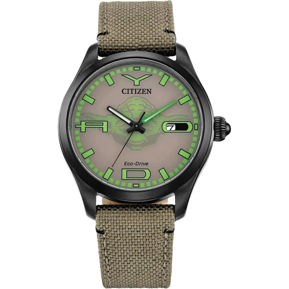 Citizen Eco-Drive Men's Star Wars Yoda "Judge me by my size, do you?" Black IP Watch, Cordura Strap, Luminous, 42mm (Model: BM6839-06W)
