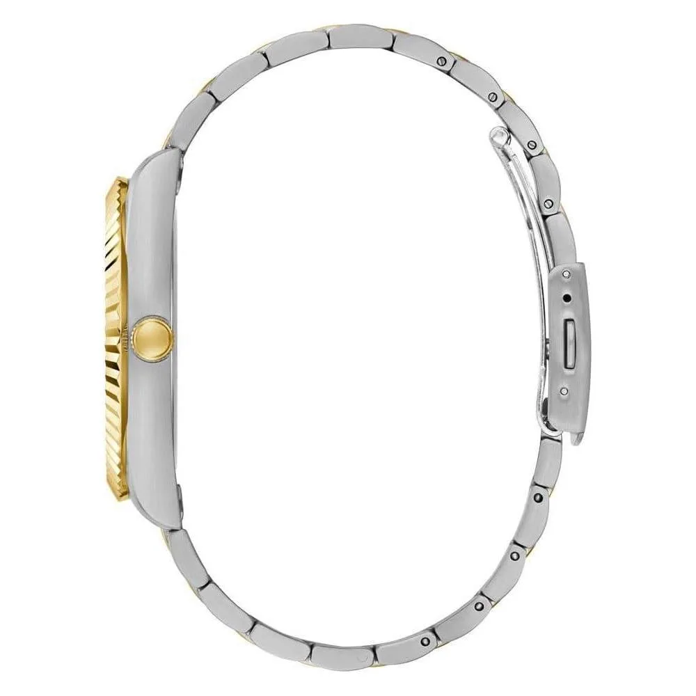 GUESS Reloj para hombre con correa de dos tonos, esfera verde, caja de acero inoxidable, diseño elegante y resistente al agua
