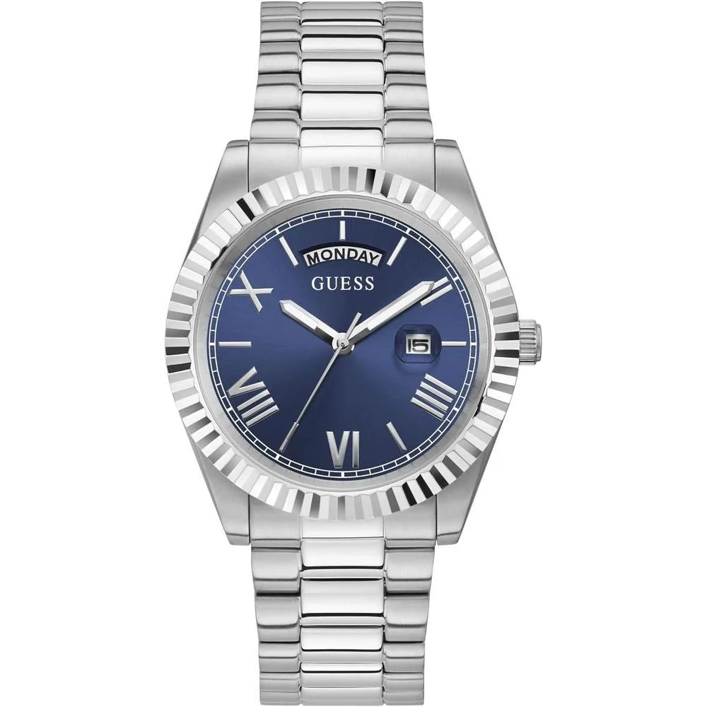 GUESS Silver-Tone and Blue Textured Analog Watch