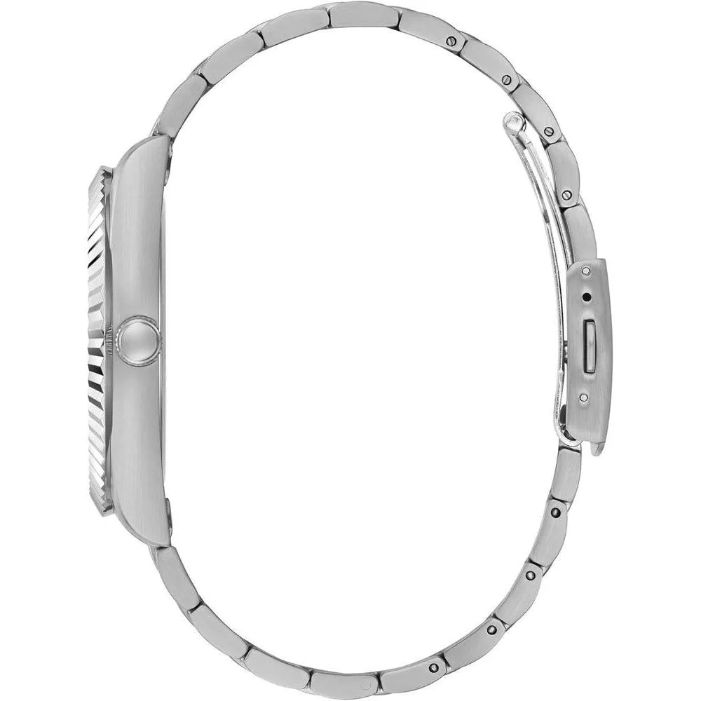 Reloj analógico GUESS con elegante diseño azul y plateado, pulsera de acero inoxidable y cierre de hebilla