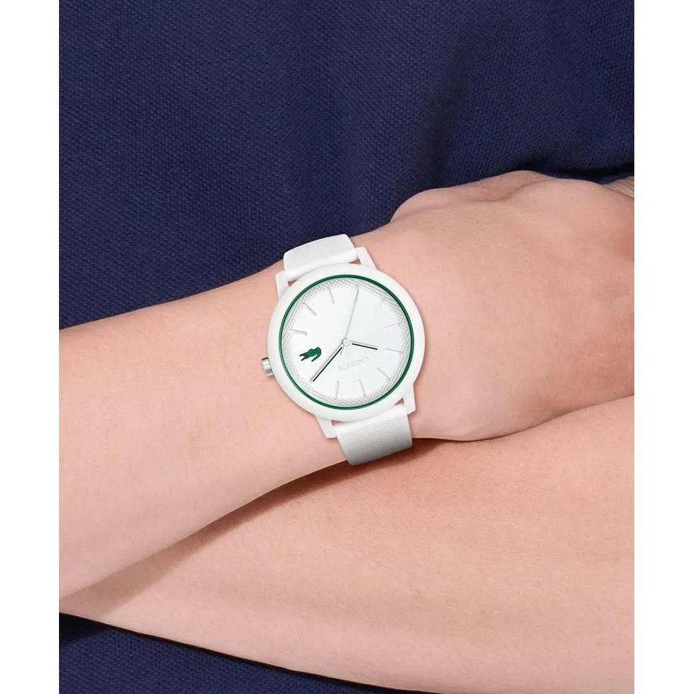 Lacoste Reloj 12.12 de silicona blanco para hombre con movimiento de cuarzo y cristal resistente a arañazos