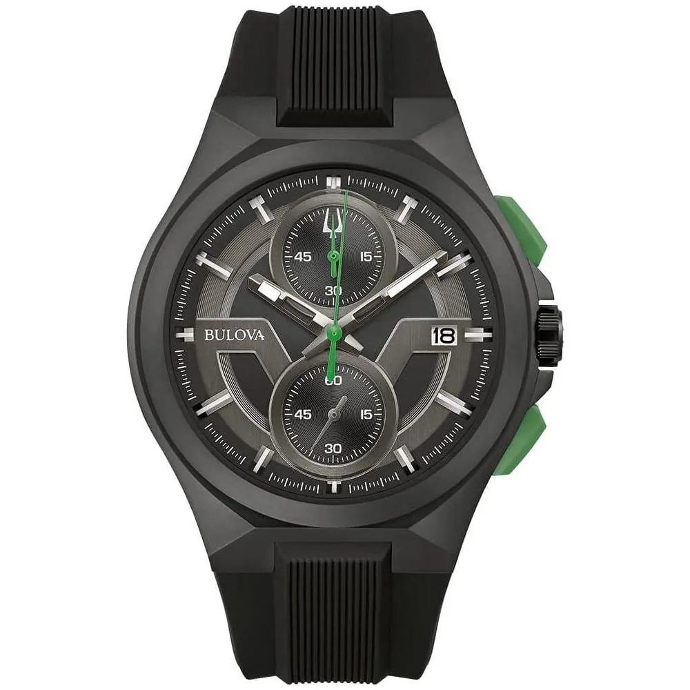 Bulova Men's Maquina Sport Black Ion-Plated Stainless Steel Case, 6-Hand Chronograph Quartz Watch with Matte Black Silicone Strap, Sapphire Crystal, Black Strap/ Green Accents
