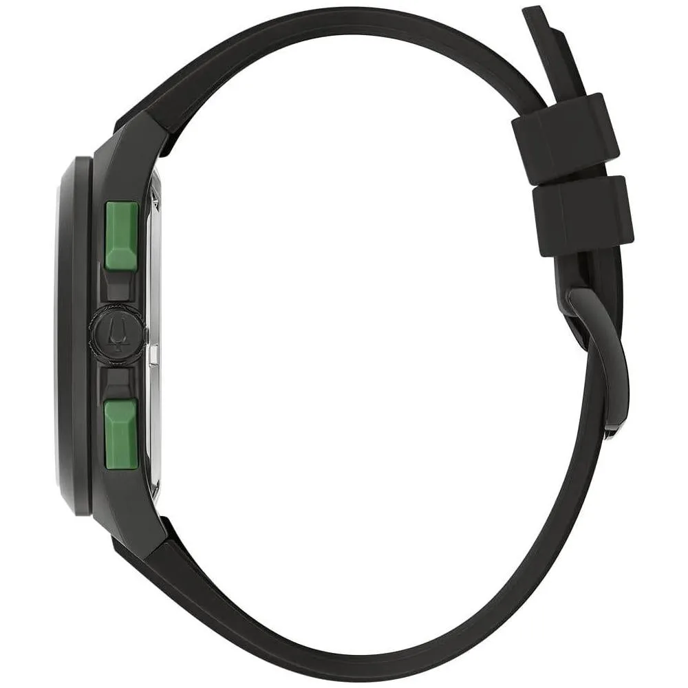 Bulova Maquina Sport - Reloj de cuarzo para hombre con caja de acero inoxidable negro, cronógrafo 6 manecillas y correa de silicona