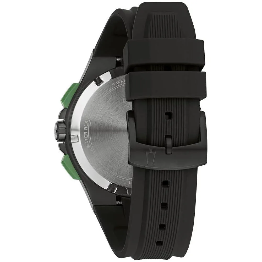 Bulova Maquina Sport - Reloj de cuarzo para hombre con caja de acero inoxidable negro, cronógrafo 6 manecillas y correa de silicona