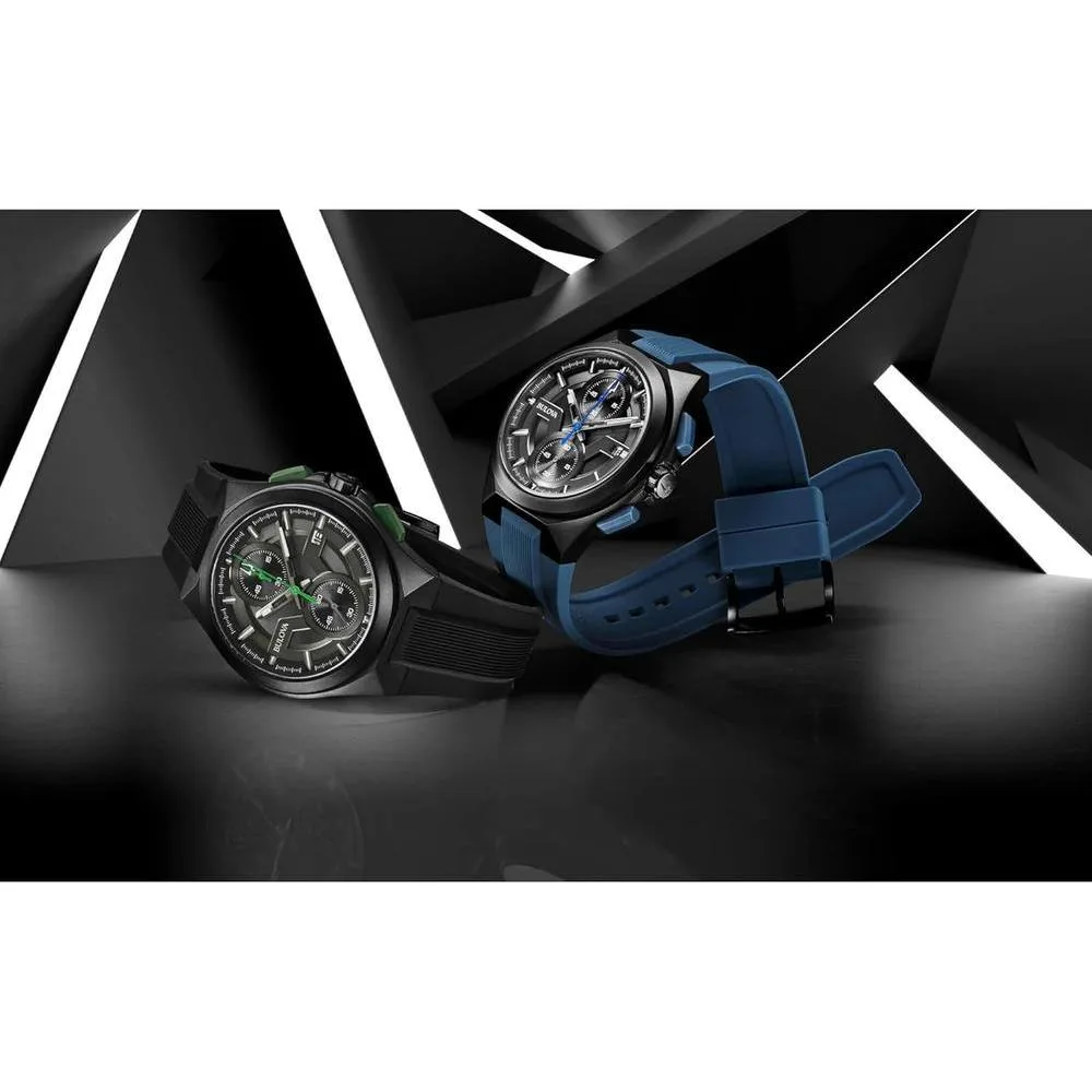 Bulova Maquina Sport - Reloj de cuarzo para hombre con caja de acero inoxidable negro, cronógrafo 6 manecillas y correa de silicona