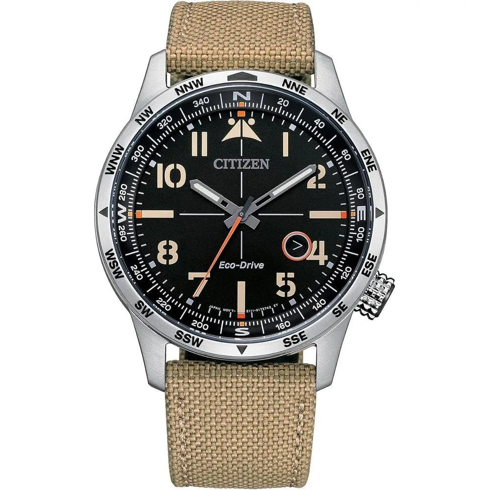 Citizen Men's Eco-Drive Weekender Avion Field Watch in Stainless Steel with Khaki Nylon Strap, Black Dial (Model: BM7550-01E)
