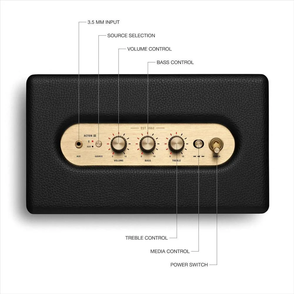 Marshall Acton III - Altavoz Bluetooth para el hogar en color negro, con conectividad Bluetooth 5.2 y un diseño sostenible