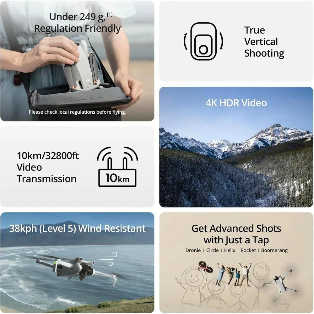 DJI Mini 3, dron para adultos con cámara 4K, 38 min de vuelo, transmisión de video de 10 km, captura vertical, GPS integrado