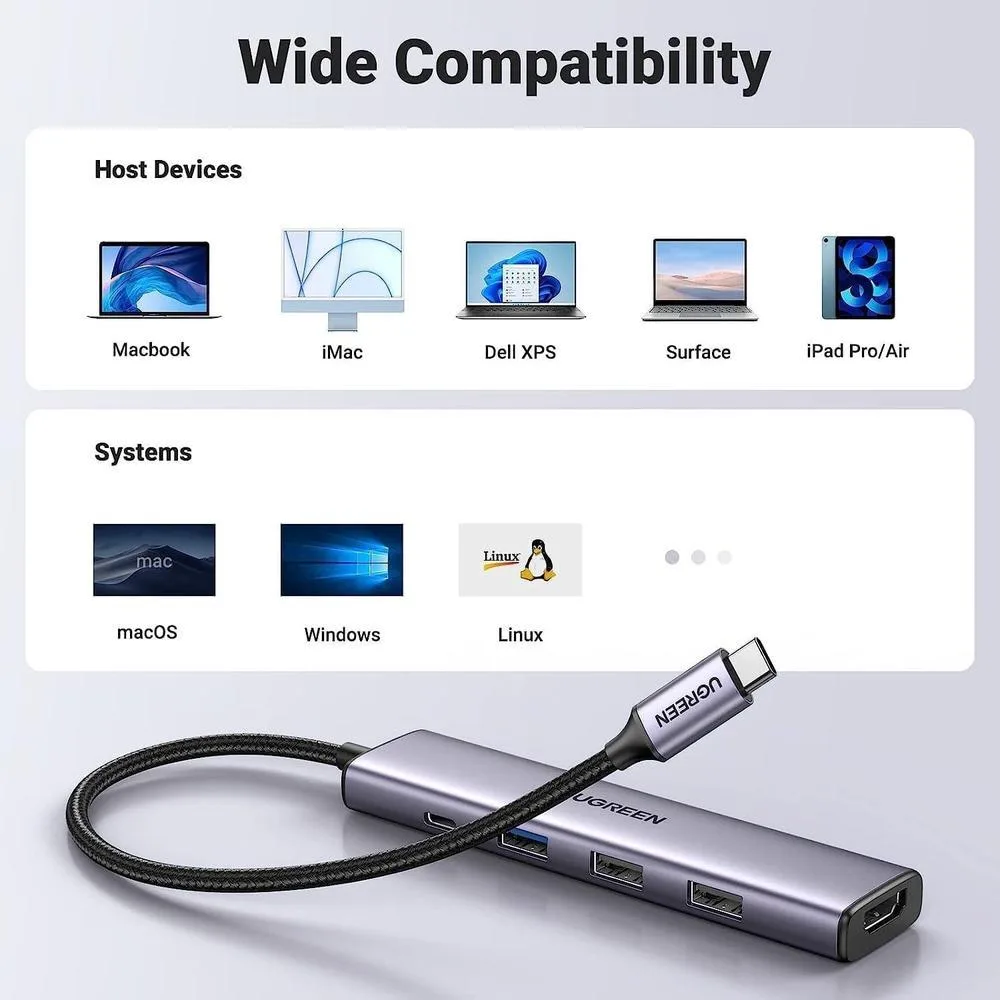 UGREEN Revodok 105 USB C Hub Adaptador multipuerto HDMI 4K, entrega de energía 100W, 3 puertos USB-A para MacBook Pro/Air, iPad Pro
