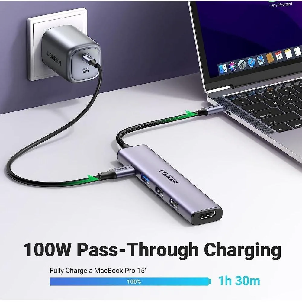 UGREEN Revodok 105 USB C Hub Adaptador multipuerto HDMI 4K, entrega de energía 100W, 3 puertos USB-A para MacBook Pro/Air, iPad Pro