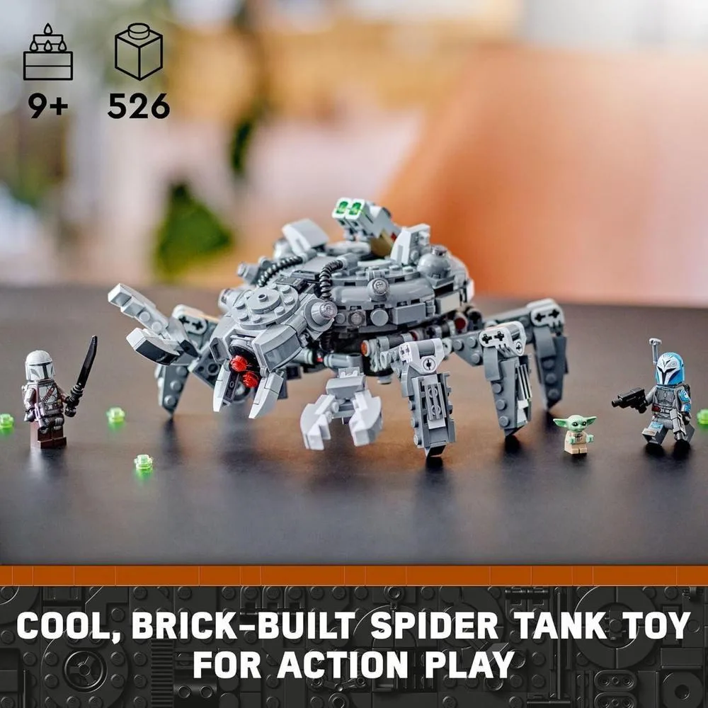 LEGO Star Wars Spider Tank 75361 con personajes de The Mandalorian, incluye minifiguras y 526 piezas