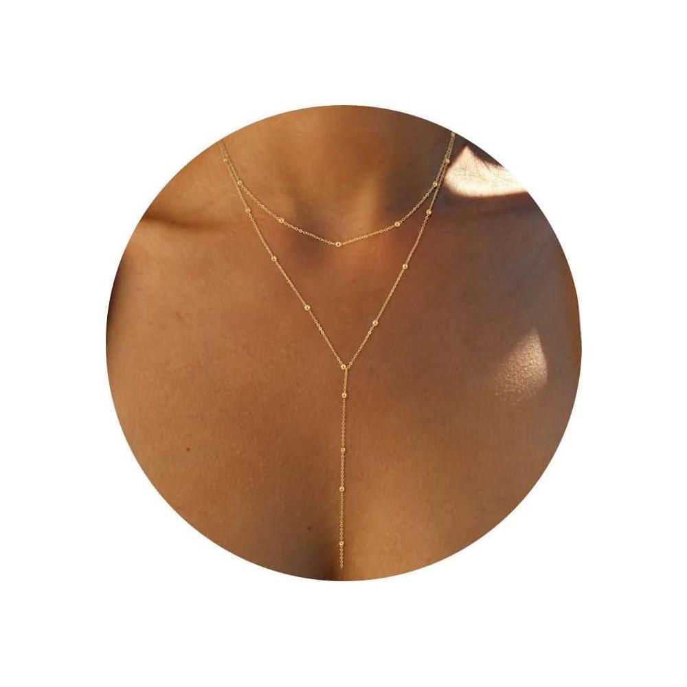 Foxgirl Lariat Gold Necklace for Women, Dainty Long Necklace 14k Gold Plated/Silver Y-Shaped Pendant Necklace Trendy Layered Cz Beaded Chain Drop Necklaces Simple Gold Jewelry For Women Gift