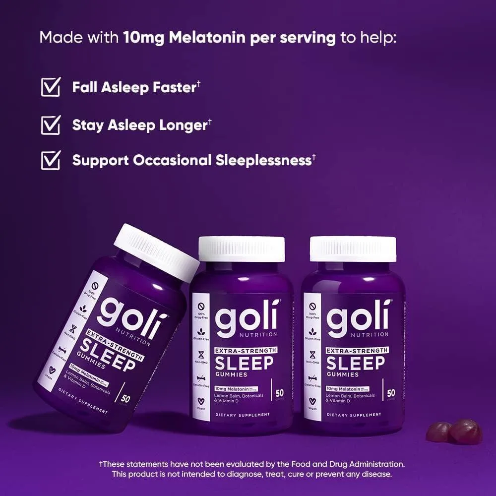 Suplemento Goli para Dormir, Gummy Melatonina Extra Fuerte 10mg - Vegano, Sin Gluten, No Transgénico, Sin Gelatina, 50 unidades