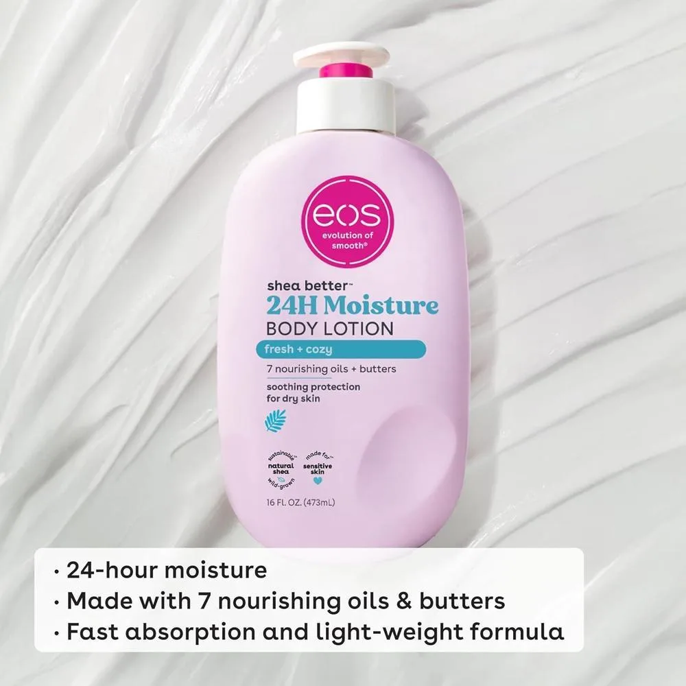 eos Shea Better Loción corporal fresca y acogedora, para el cuidado de la piel con humedad las 24 horas, ligera y no grasosa