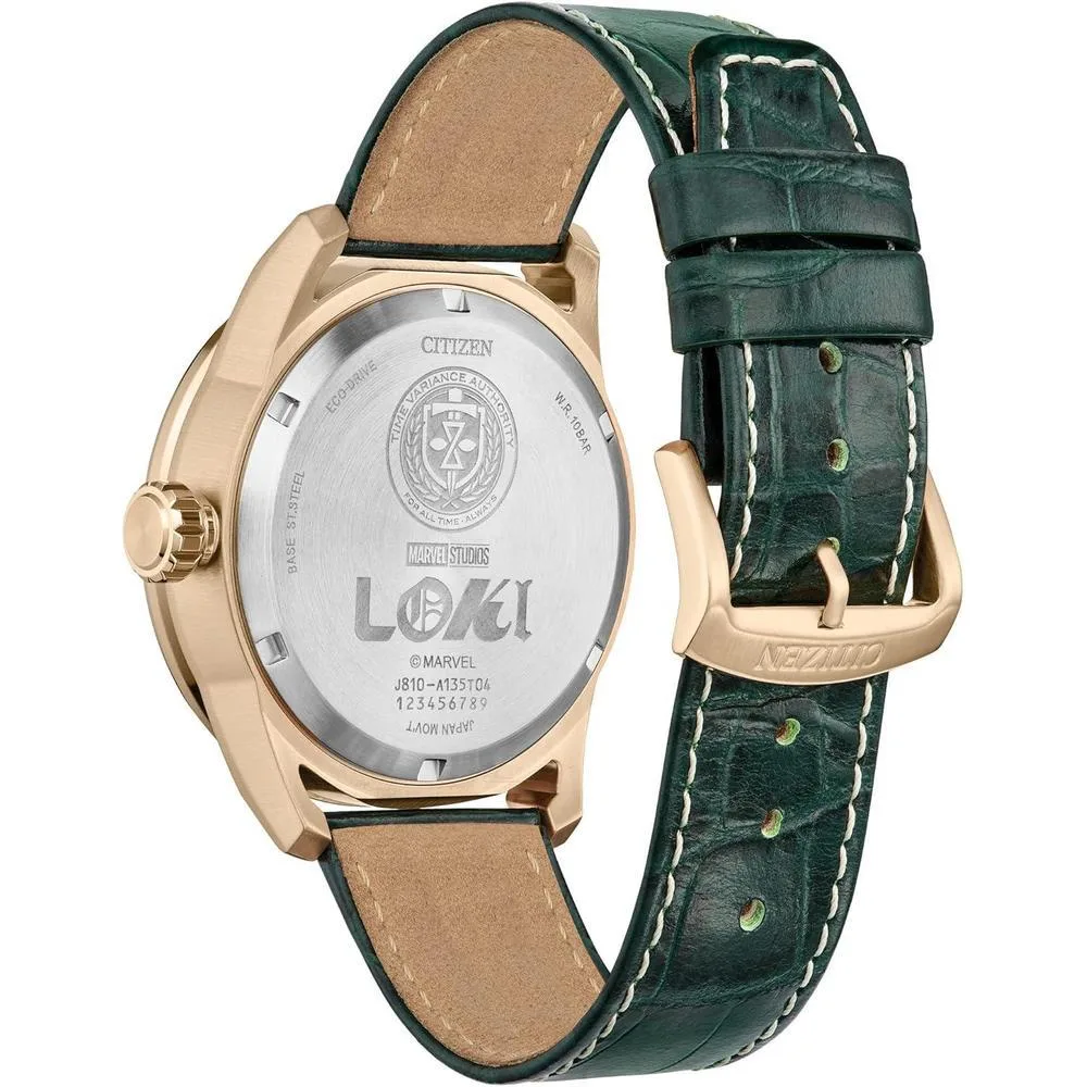 Citizen Eco-Drive Loki - Reloj hombre, acero inoxidable oro rosa, correa piel texturizada verde, modelo: AW1363-06W