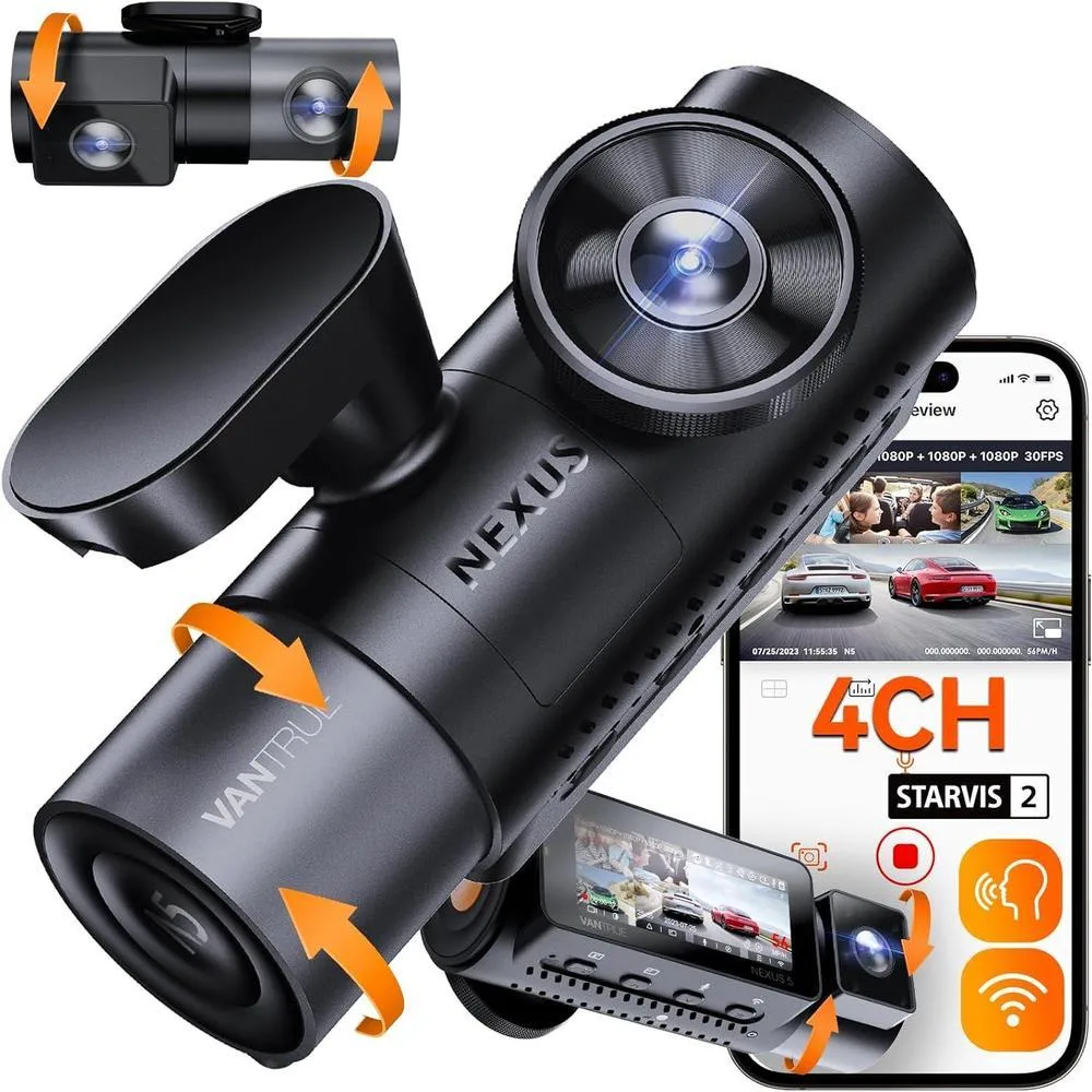 Vantrue N5 4 Channel WiFi 360° All Sides Dash Cam, STARVIS 2, IR Night Vision, 2.7K+1080P*3 Front Rear Inside Dashcam, Voice Control, GPS, 24 Hours Buffered Parking Mode Dash Camera, Support 512GB Max