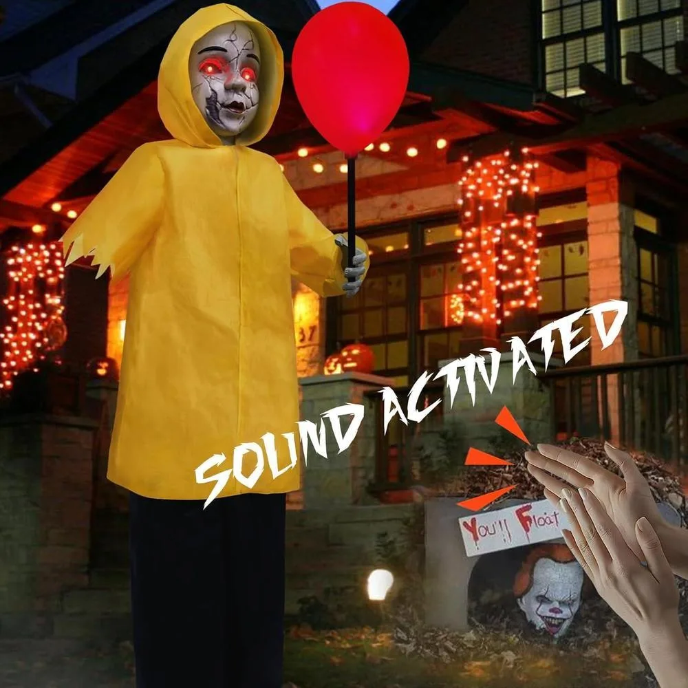 Decoraciones de Halloween para exteriores, animatrónica de tamaño real con globo brillante y sensor activado por sonido