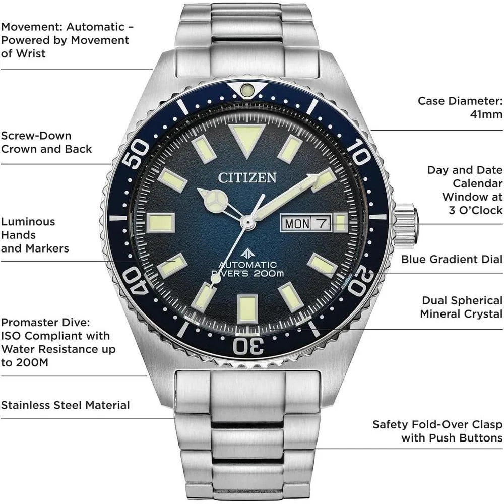Reloj Citizen Promaster Dive automático de acero inoxidable con esfera degradado azul, certificado ISO (Modelo: NY0129-58L)