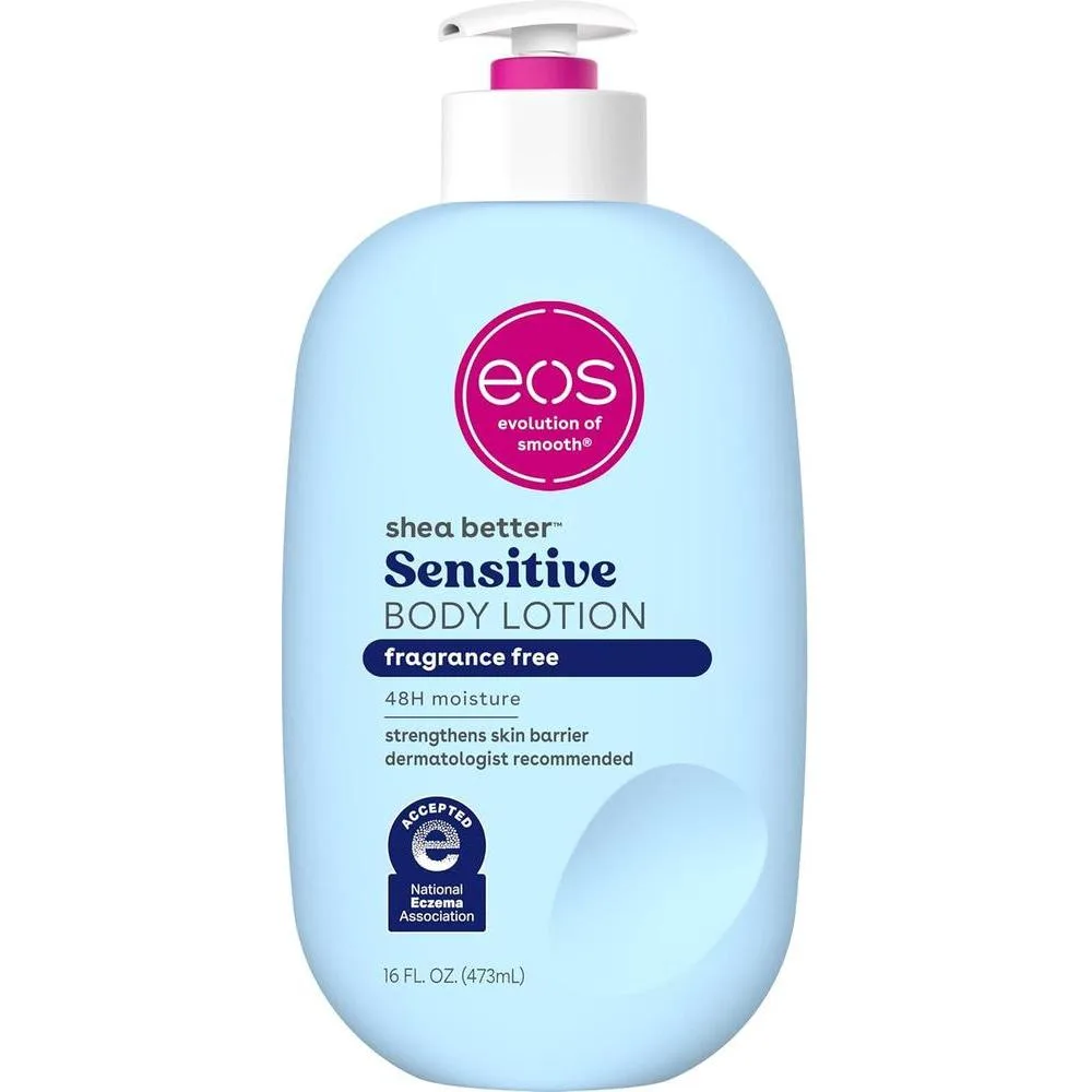 eos Shea Better - Loción corporal para piel sensible, cuidado de la piel con humedad de 48 horas, para piel seca, loción corporal sin fragancia, loción para eczema, vegano, 16 onzas líquidas (el embalaje puede variar)