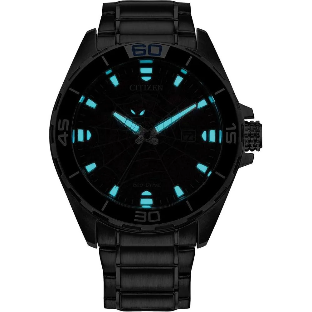 Citizen Reloj Eco-Drive Spider Man para hombre, diseño en acero inoxidable y arte de Spider Man, modelo BM7610-52W