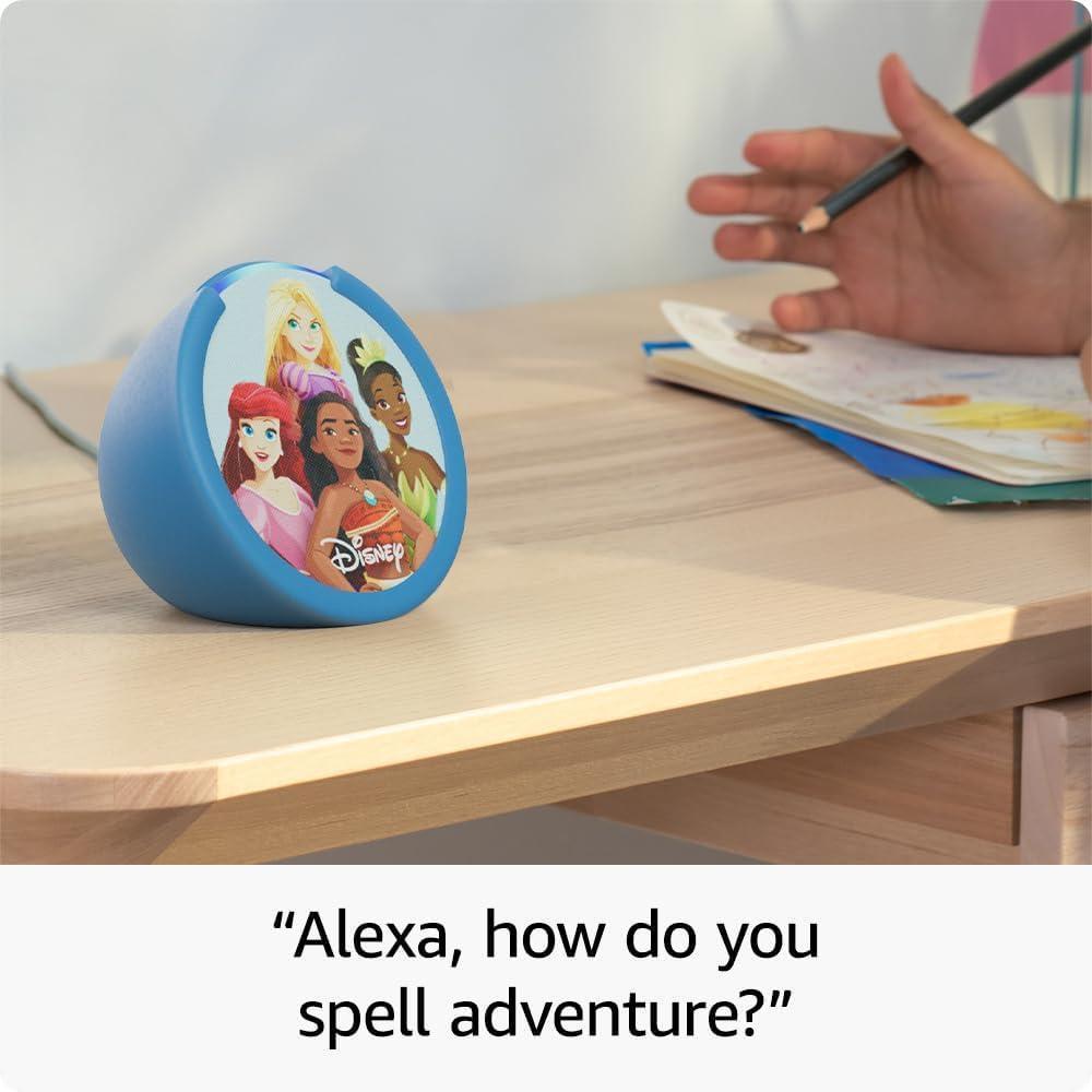 Amazon Echo Pop Kids con control parental y diseño de princesas Disney, incluye suscripción Amazon Kids+