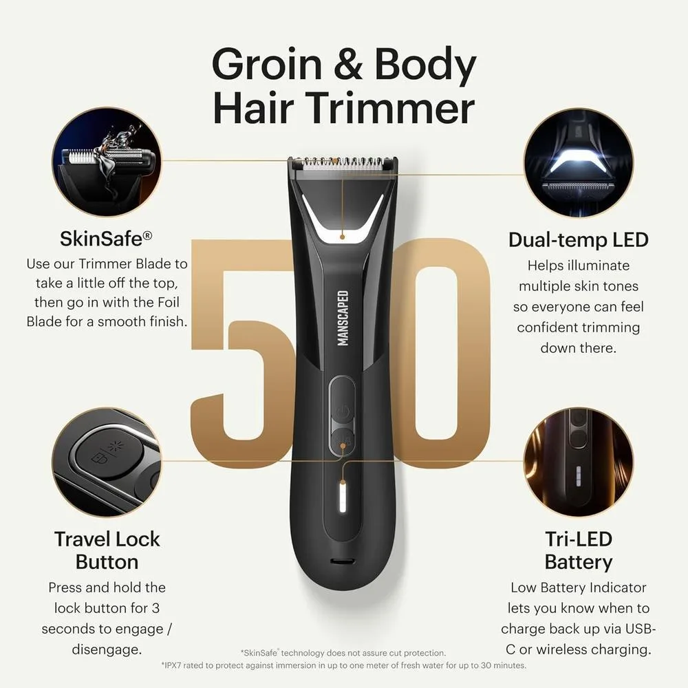 MANSCAPED The Lawn Mower 5.0 Ultra, Recortadora Corporal y de Ingle con Doble Cabezal SkinSafe Impermeable y Recargable
