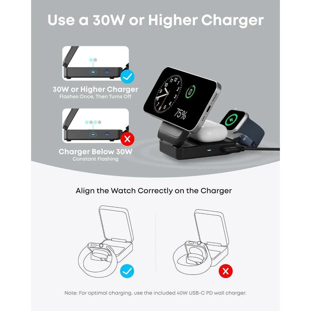 Estación de carga inalámbrica 3 en 1 Anker MagGo para iPhone, AirPods y Apple Watch con MagSafe, carga rápida y diseño compacto