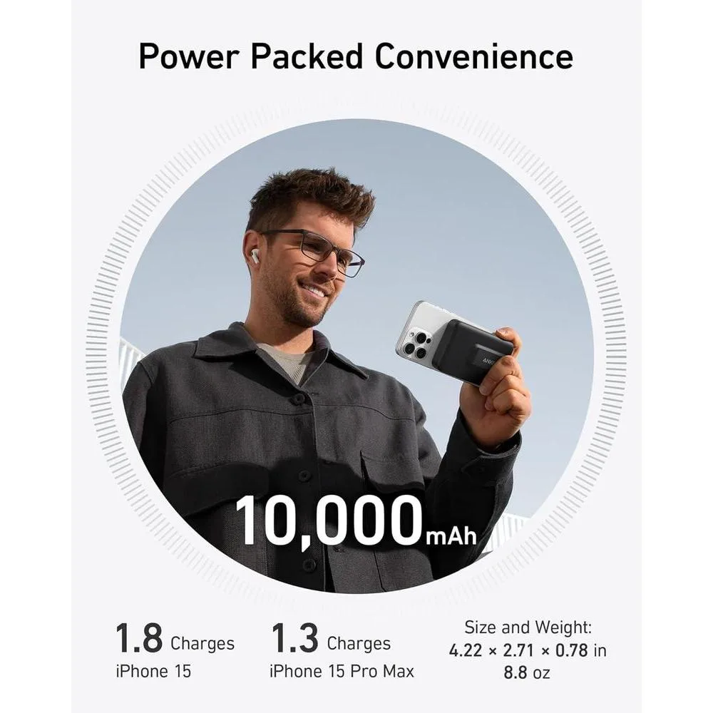 Anker MagGo Power Bank, cargador portátil Qi2 certificado, 15W ultra rápido, compatible con MagSafe, batería 10,000mAh, pantalla inteligente