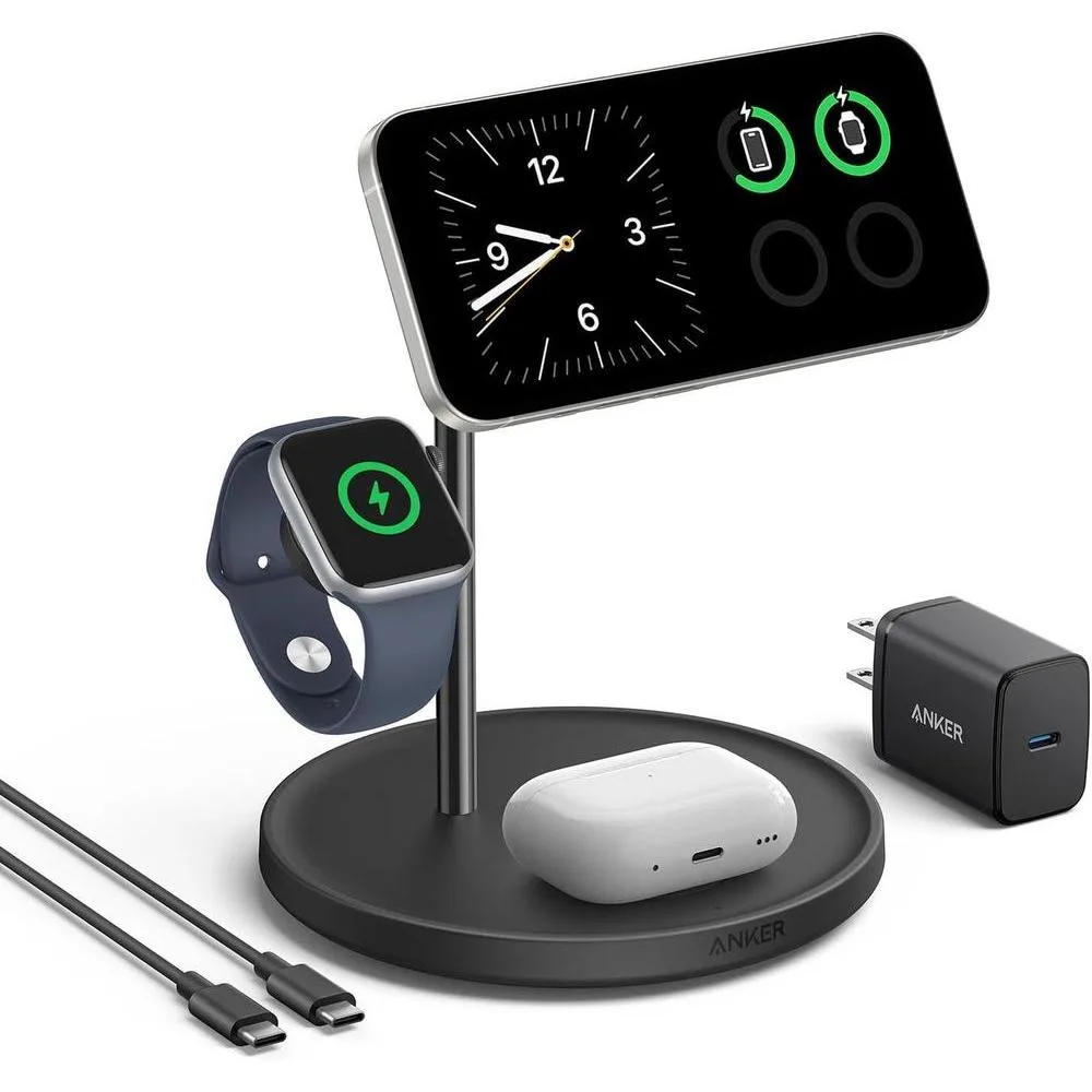 Anker MagSafe Charger Stand, iPhone 16 Wireless Charging Station, MagGo 3 in 1 Charging Station, Qi2 Certified 15W Wireless Charger, Desk Accessory, for iPhone 16/15/14/13/12, Apple Watch, AirPods