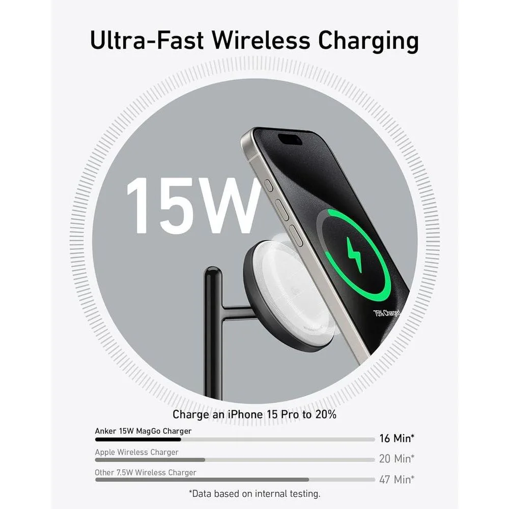 Anker MagGo Estación de Carga Inalámbrica 3 en 1 Compatible con MagSafe para iPhone, Apple Watch y AirPods, Certificación Qi2