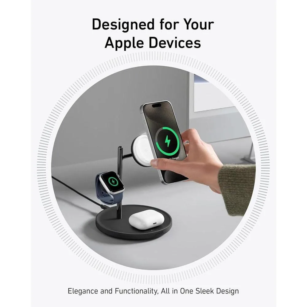 Anker MagGo Estación de Carga Inalámbrica 3 en 1 Compatible con MagSafe para iPhone, Apple Watch y AirPods, Certificación Qi2