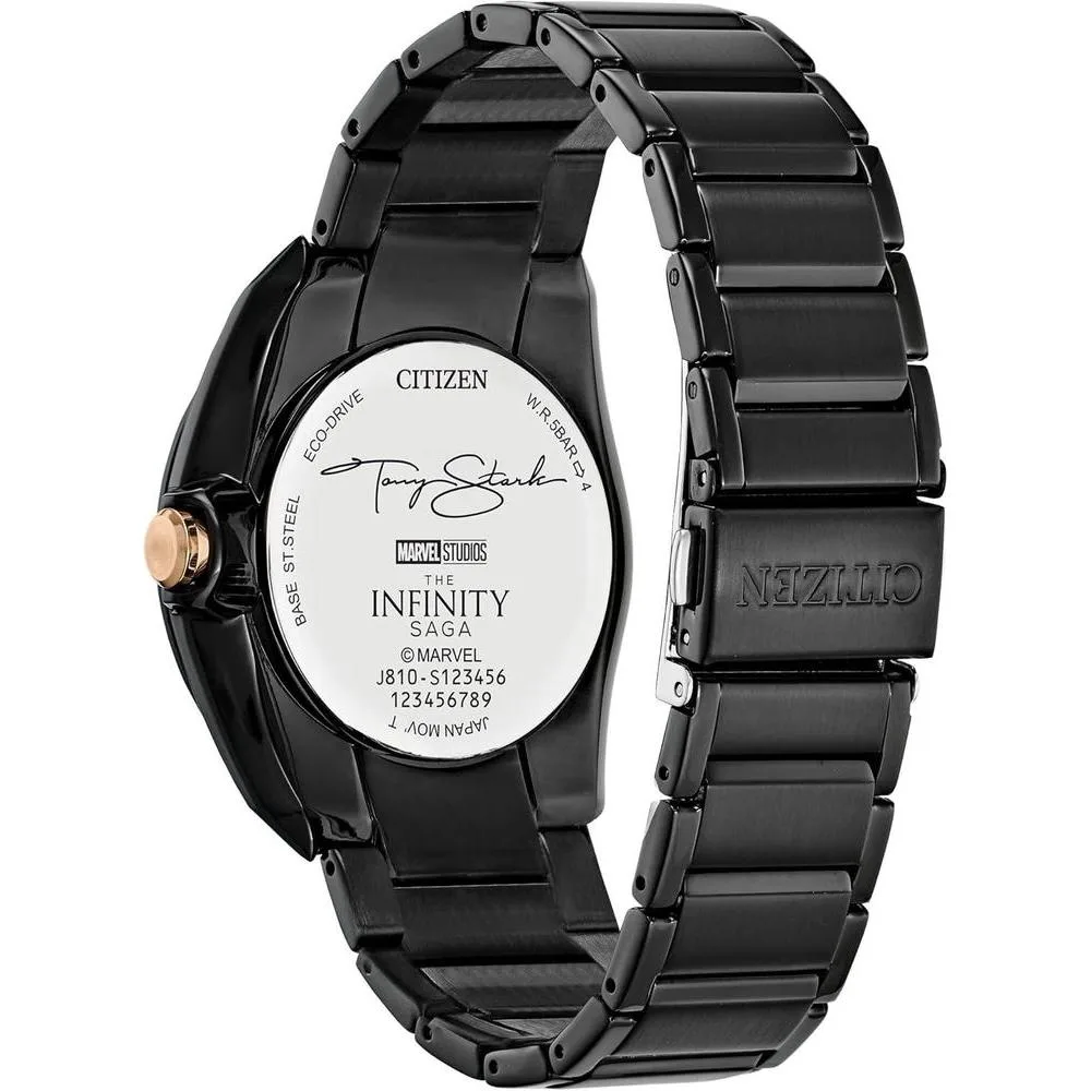 Citizen Eco-Drive Marvel Tony Stark I Love You - Reloj de acero inoxidable negro, con fecha de 3 manecillas, luminoso, parte trasera grabada