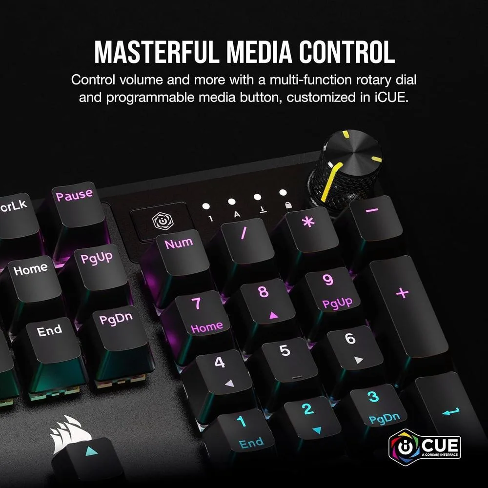 Teclado mecánico CORSAIR K70 CORE RGB para juegos, reposamanos, interruptores lineales rojos, control multimedia.