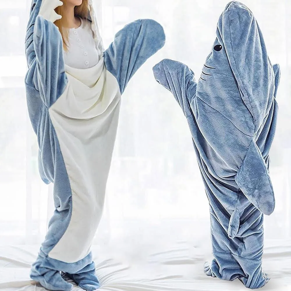 Manta de tiburón con capucha para adultos y niños, manta de tiburón portátil, saco de dormir de tiburón, disfraz de tiburón suave y acogedor