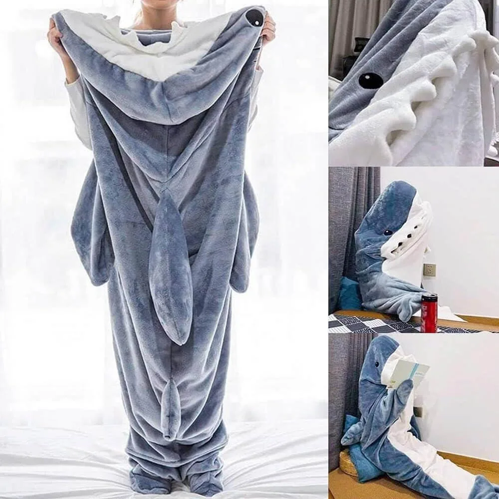 Manta de tiburón con capucha para adultos y niños, manta de tiburón portátil, saco de dormir de tiburón, disfraz de tiburón suave y acogedor