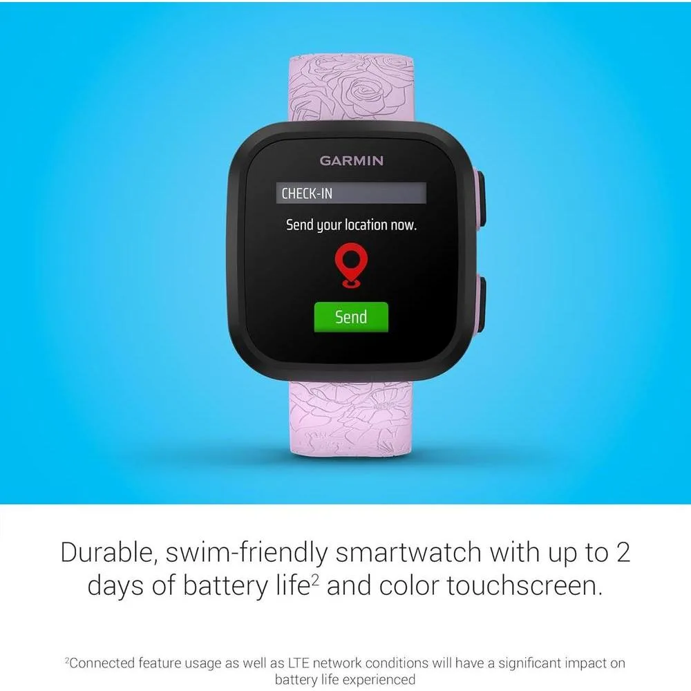 Reloj inteligente Garmin Bounce para niños con texto bidireccional, mensajes de voz y seguimiento de ubicación, lila floral