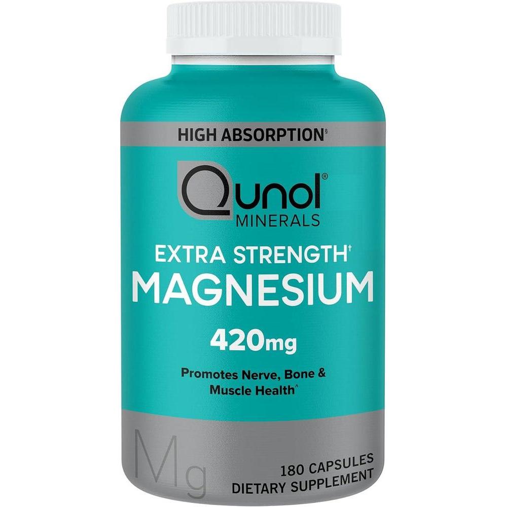 Qunol Magnesium Capsules 420mg, 100% DV, High Absorption Magnesium Supplement, Extra Strength, Bone and Muscle Health Supplement, 180 Count