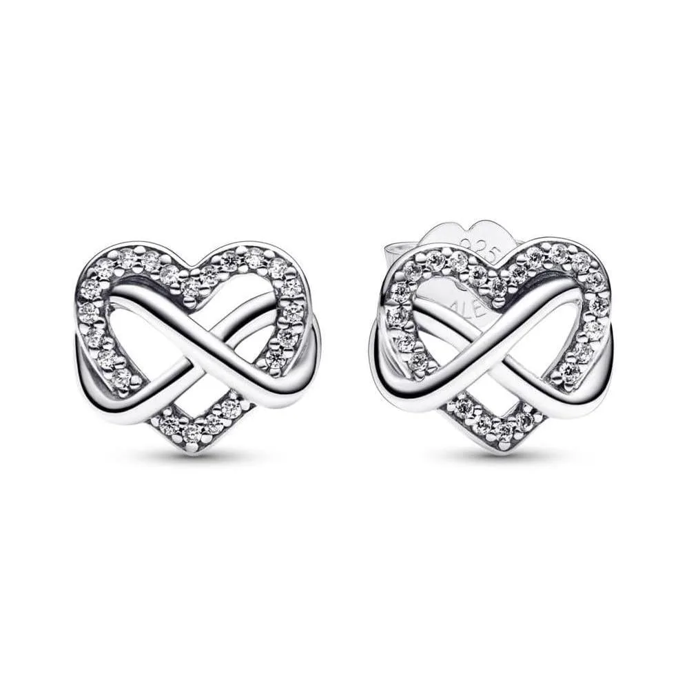 Aretes de tuerca Pandora corazón infinito brillante, plata de ley con circonita cúbica para mujer con caja de regalo