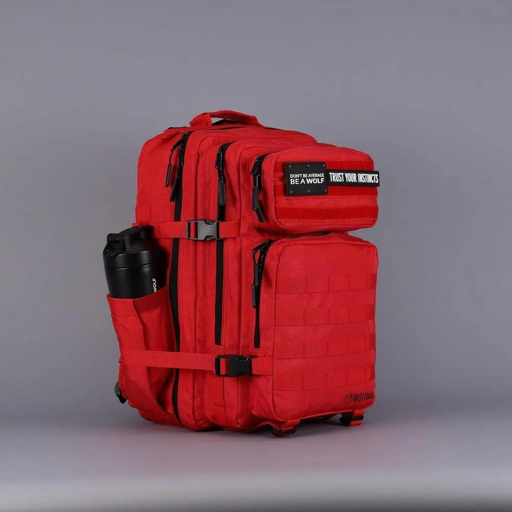 Mochila WOLFpak 45L Elite Roja, diseño táctico militar con capacidad personalizable y parches integrados