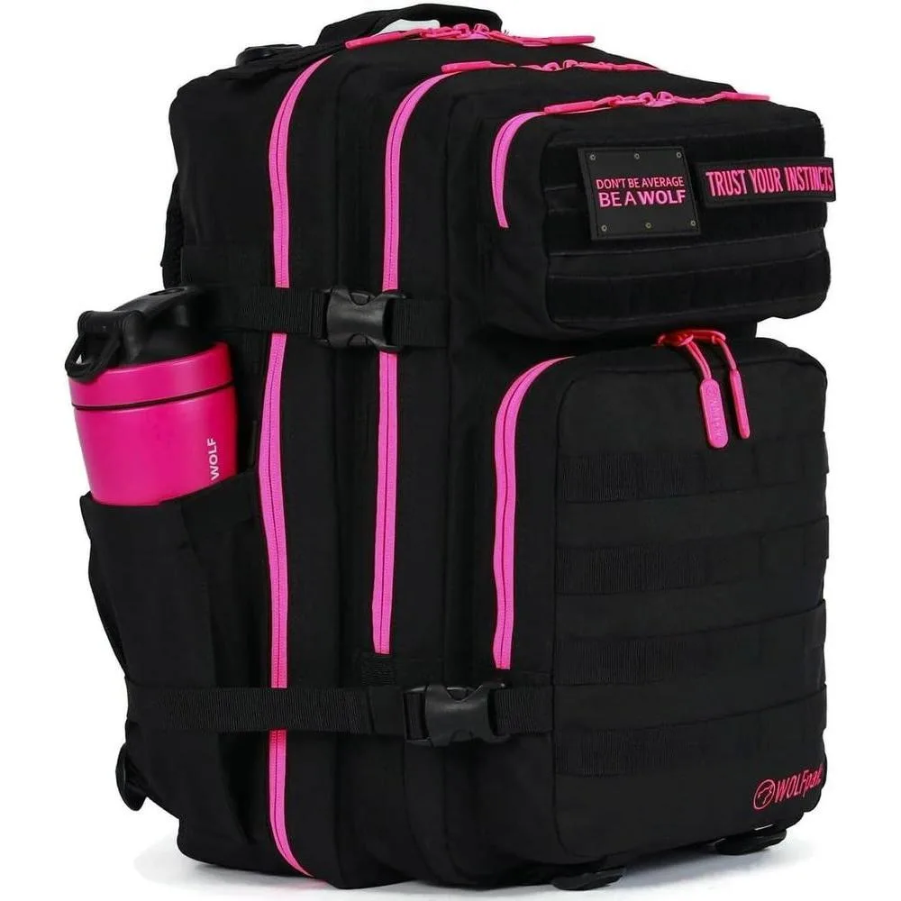 WOLFpak Mochila para portátil 45L rosa neón, táctica y resistente al agua, con parches personalizables y apertura de 180 grados