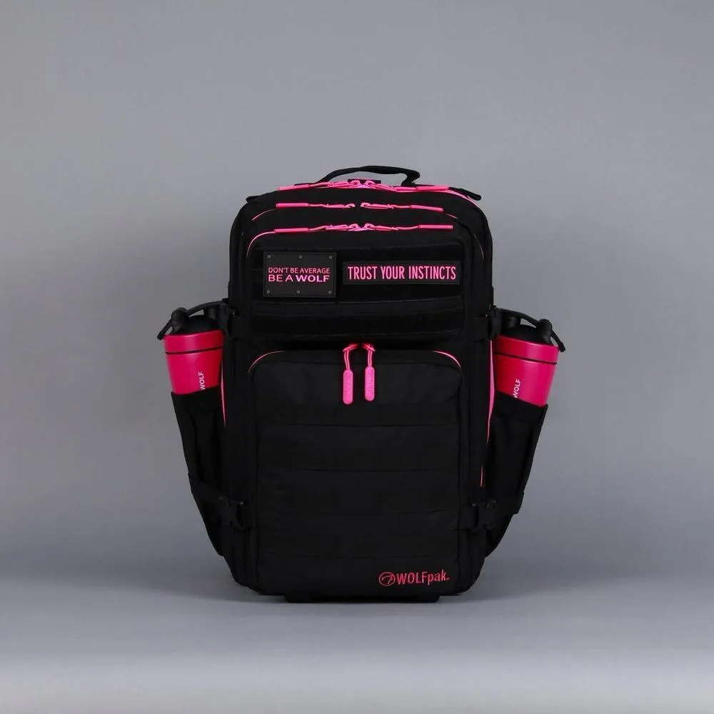 WOLFpak Mochila para portátil 45L rosa neón, táctica y resistente al agua, con parches personalizables y apertura de 180 grados