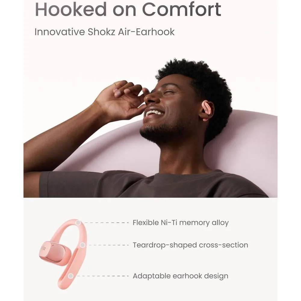 SHOKZ OpenFit Air en rosa, auriculares de oreja abierta, verdaderamente inalámbricos, resistentes al agua y seguros para uso diario