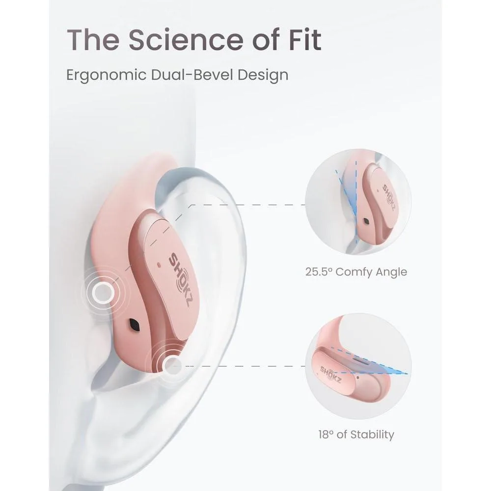 SHOKZ OpenFit Air en rosa, auriculares de oreja abierta, verdaderamente inalámbricos, resistentes al agua y seguros para uso diario