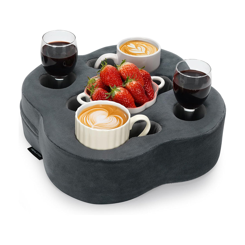 Couch Cup Holder Pillow, Sofa Organizer Caddy Bed Refreshment Tray for Drinks, Remotes, Phones, Snacks (Grey)