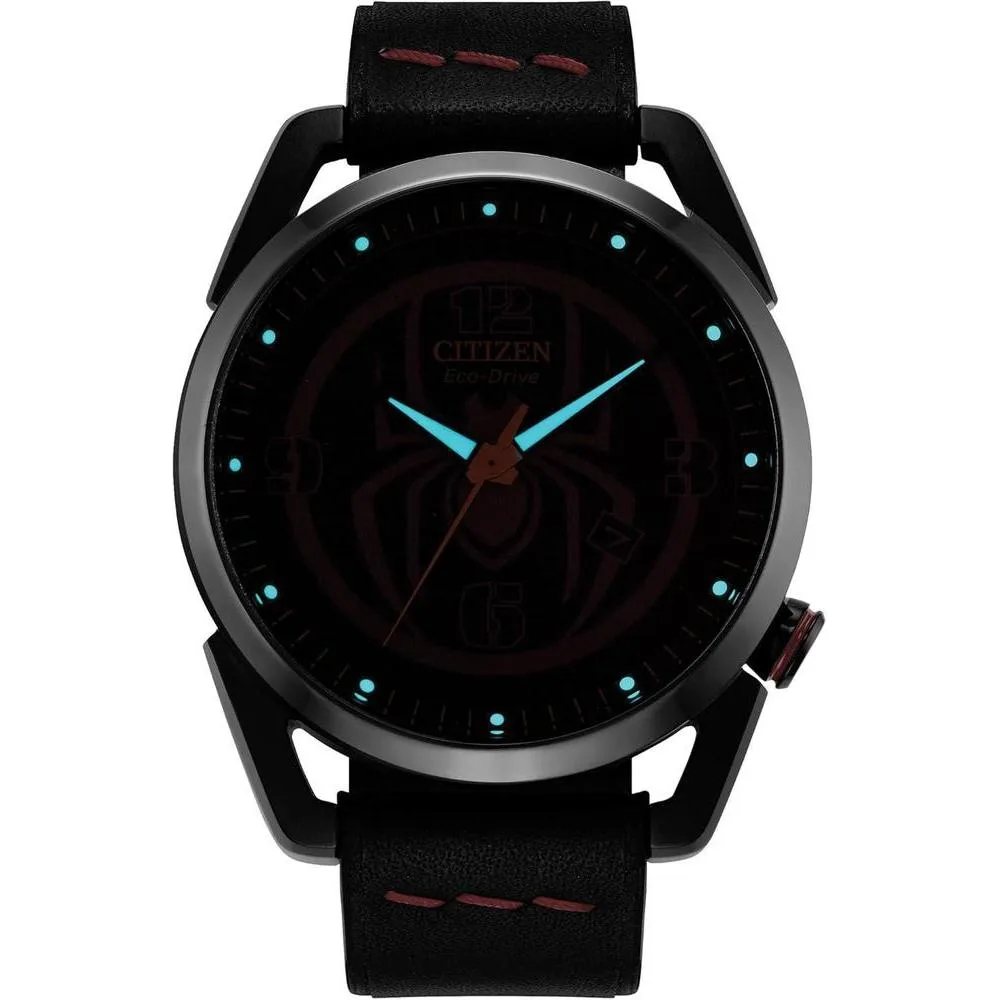 Citizen Reloj Eco-Drive Marvel Miles Morales acero inoxidable negro con correa cuero y esfera negra, modelo AW1685-00W