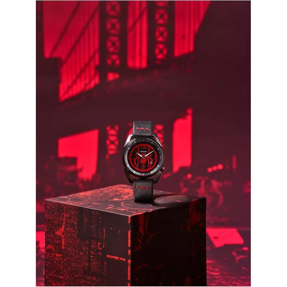 Citizen Reloj Eco-Drive Marvel Miles Morales acero inoxidable negro con correa cuero y esfera negra, modelo AW1685-00W