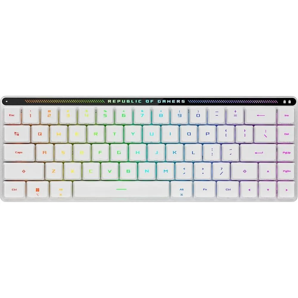 ASUS ROG Falchion RX Low Profile 65% Wireless Gaming Keyboard with ROG RX Blue Low-Profile switches, tri-Mode Connection, Protective Cover, Silicone dampening Foam, Touch Panel, and MacOS Support.