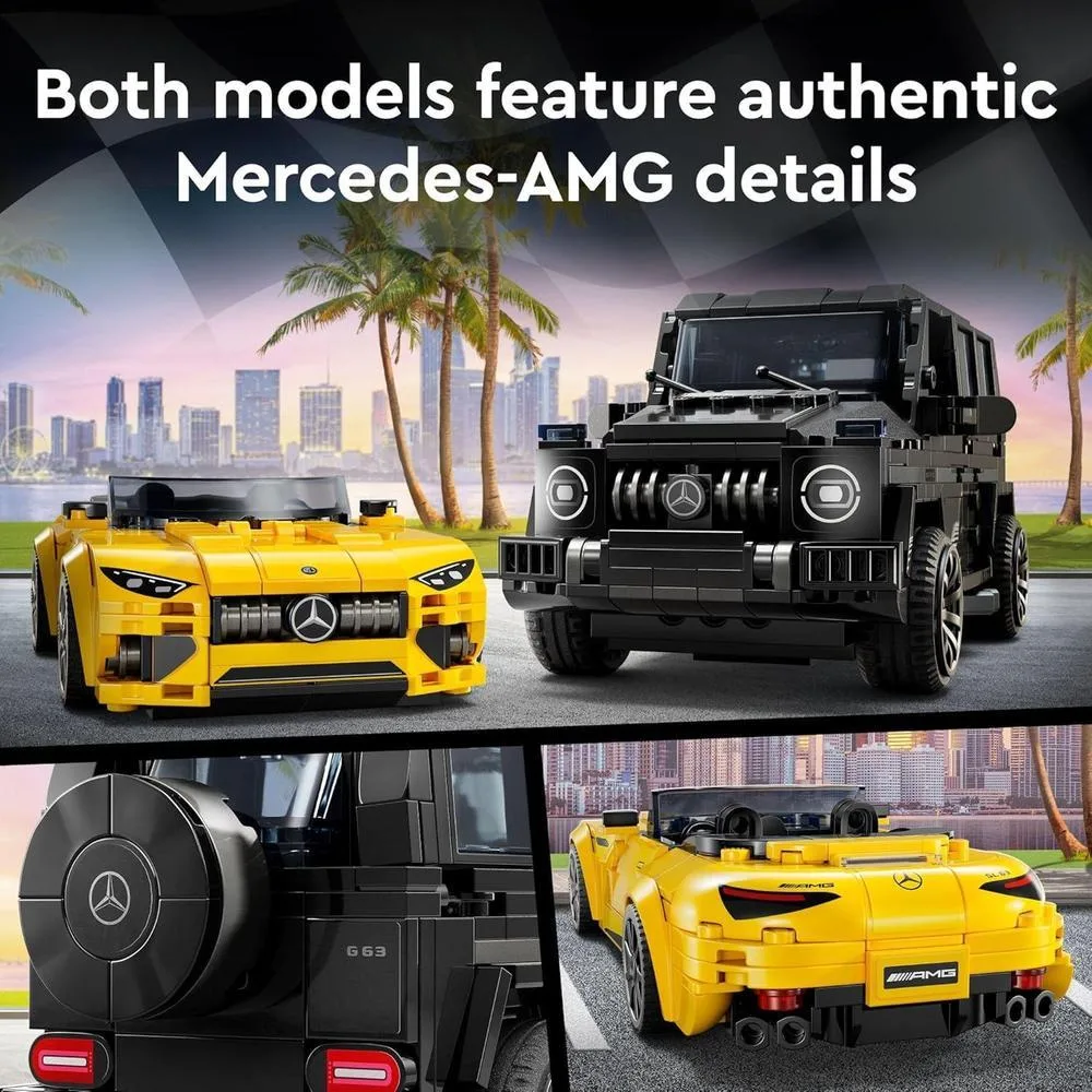 LEGO Speed Champions Mercedes-AMG G 63 y SL 63: Juego de construcción F1 para niños y coleccionistas con detalles auténticos
