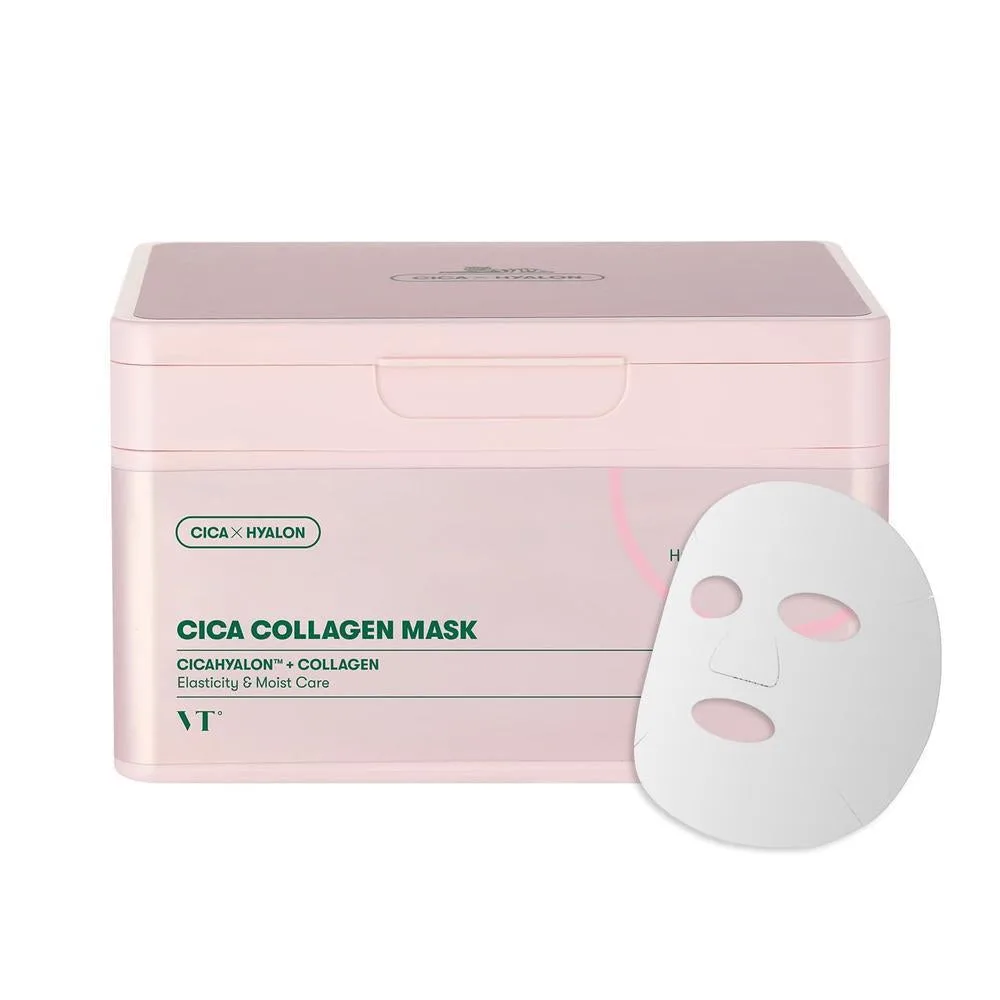 VT COSMETICS CICA Máscara de Colágeno Diaria 30 Hojas, Colágeno de Baja Molecularidad 300Da para Elasticidad de la Piel, Hidratante y Reafirmante, Esencia de Colágeno Rosa, Máscara Facial Coreana