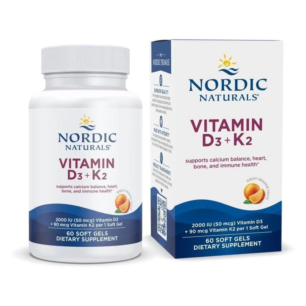 Vitaminas D3 + K2 de Nordic Naturals, sabor naranja, soporte óseo e inmunológico, no transgénico, 60 cápsulas blandas